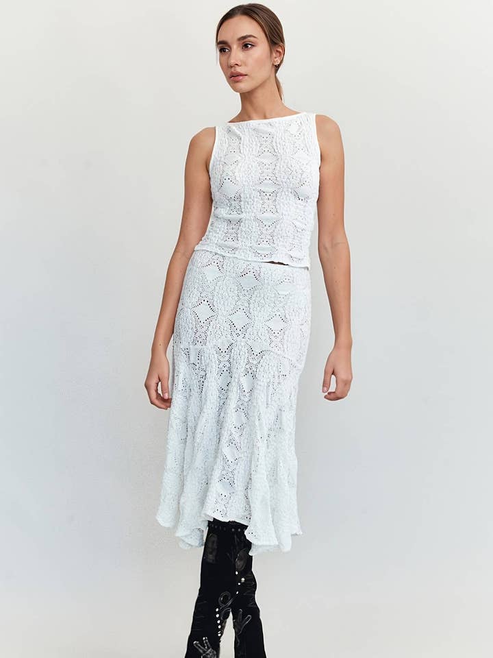 Lace Eyelet Round Neck Sleeveless Crop Top Midi Skirt Set for wholesale by BELLISSIMA FASHION