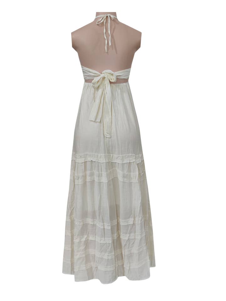 beige BOHO Beach Resort ruffle halter large swing flare maxi dress for wholesale on Faire1
