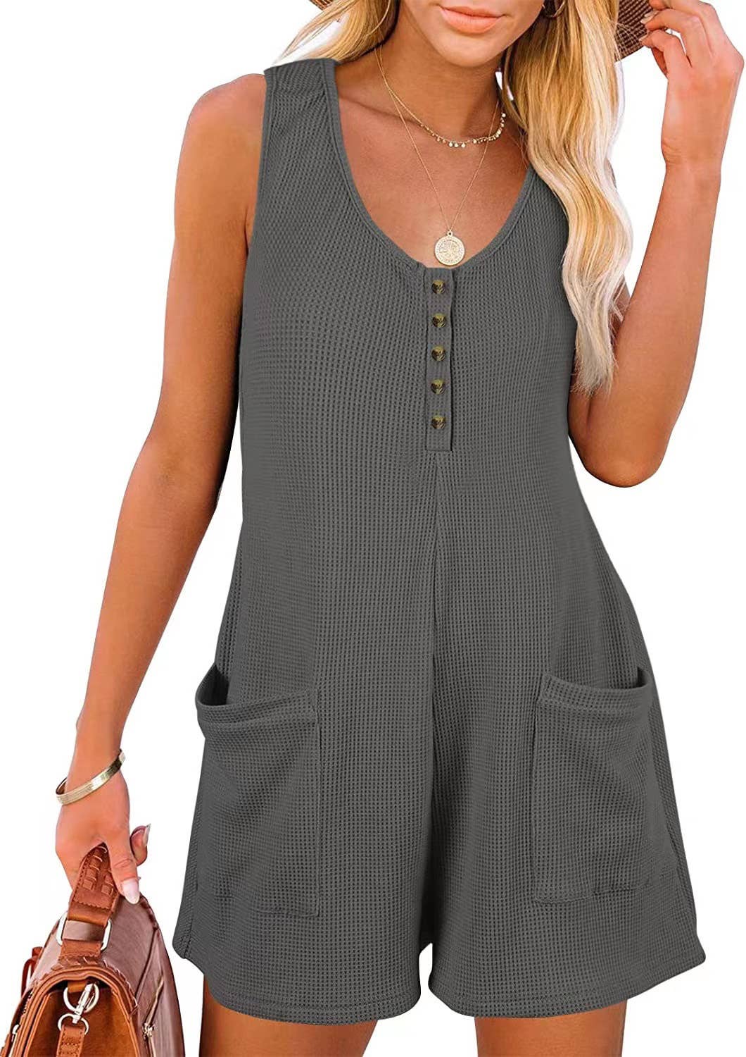 Rosa Clothing - Wholesale Romper - Women's - Waffle romper pocket jumpsuit29