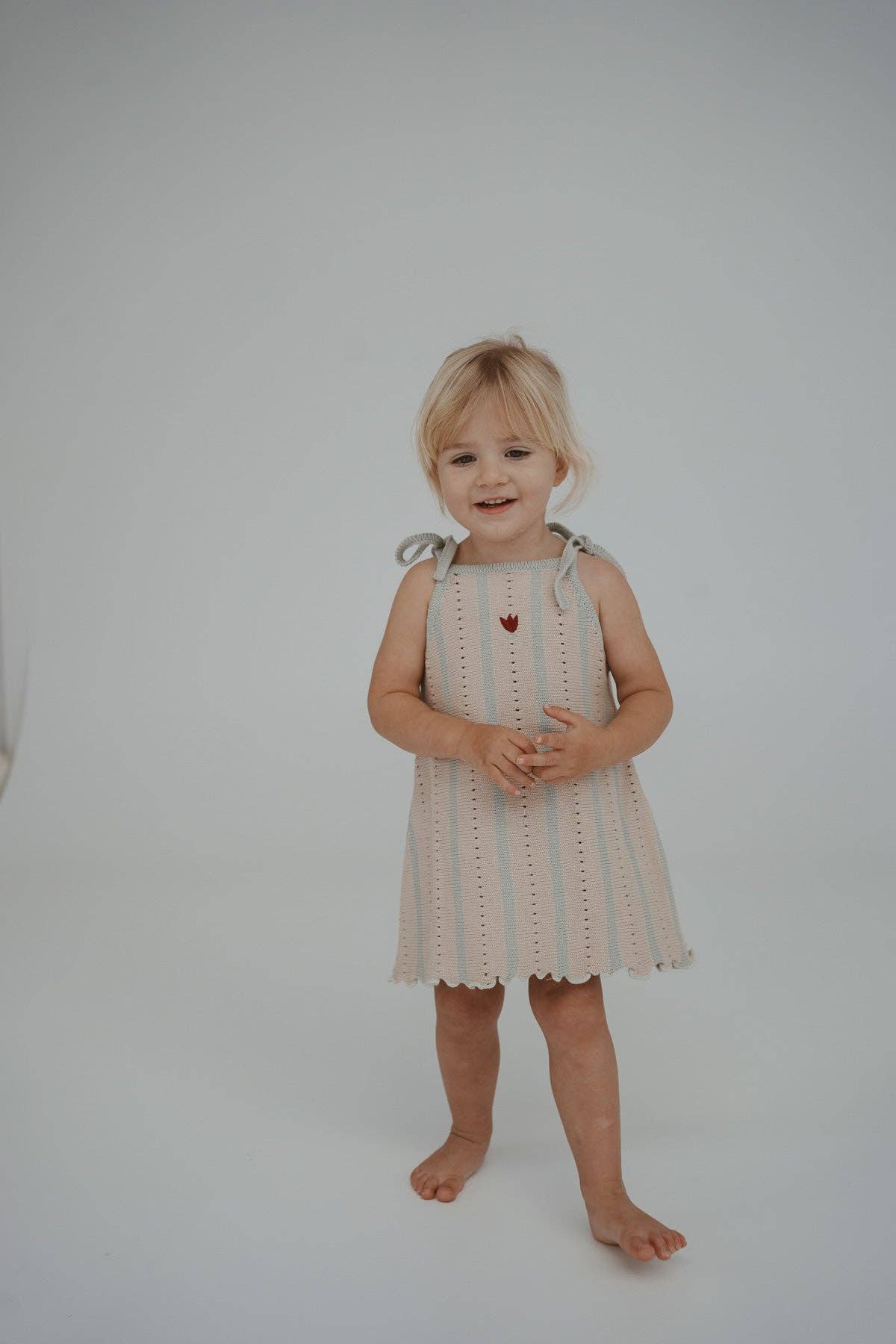 FRECKLES the label - Wholesale Dress - Kids - Embroidered Pointelle Tie Dress | Mist Stripe6