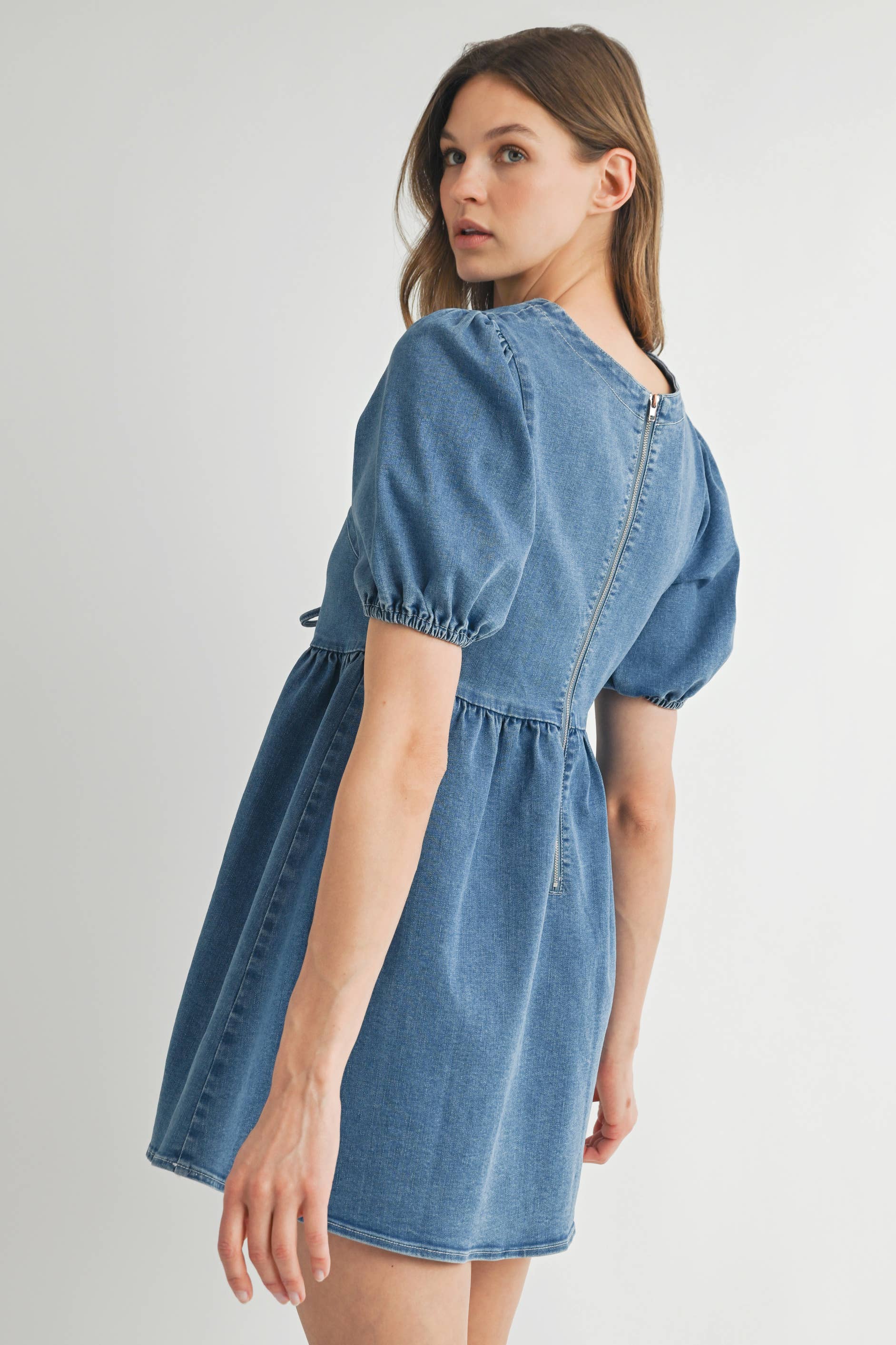 STONE WASH BLUE AD1727 Bow Detail Denim Mini Dress for wholesale on Faire2