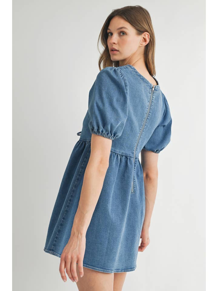 STONE WASH BLUE AD1727 Bow Detail Denim Mini Dress for wholesale on Faire2