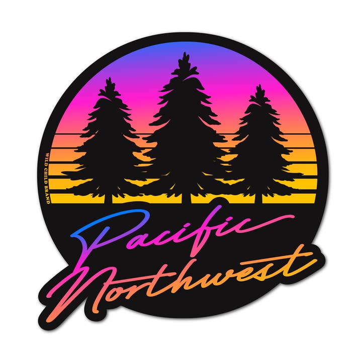 Pacific Northwest 80s Sticker | Retro Sunset Evergreen Decal for wholesale by Wild Child Brand