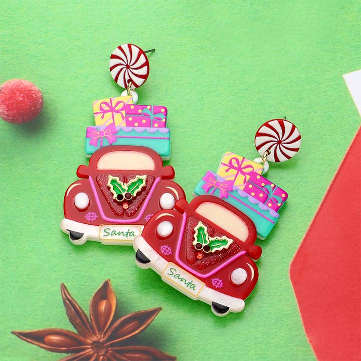 Resin Christmas Santa Car Dingle Øreringe for engroshandel hos Sensibling Corp.