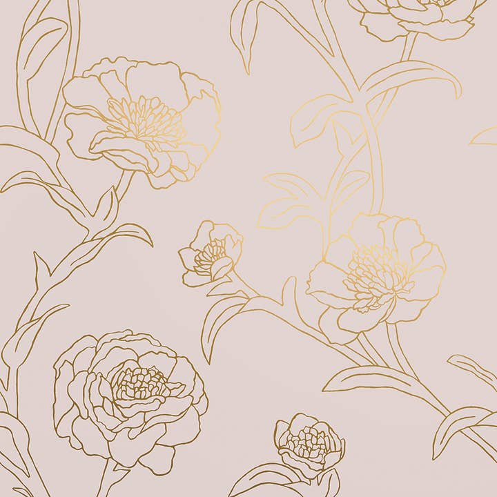 Peonies Pink & Gold Peel and Stick Wallpaper, 28 sq. ft. for wholesale by Tempaper & Co ®