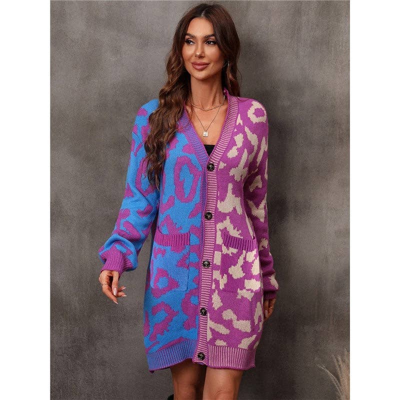 Mirazshoes WholeSale - Wholesale Cardigan - Women's - Contrast Color Leopard Buttoned Midi Knitted Cardigan Outerwear9