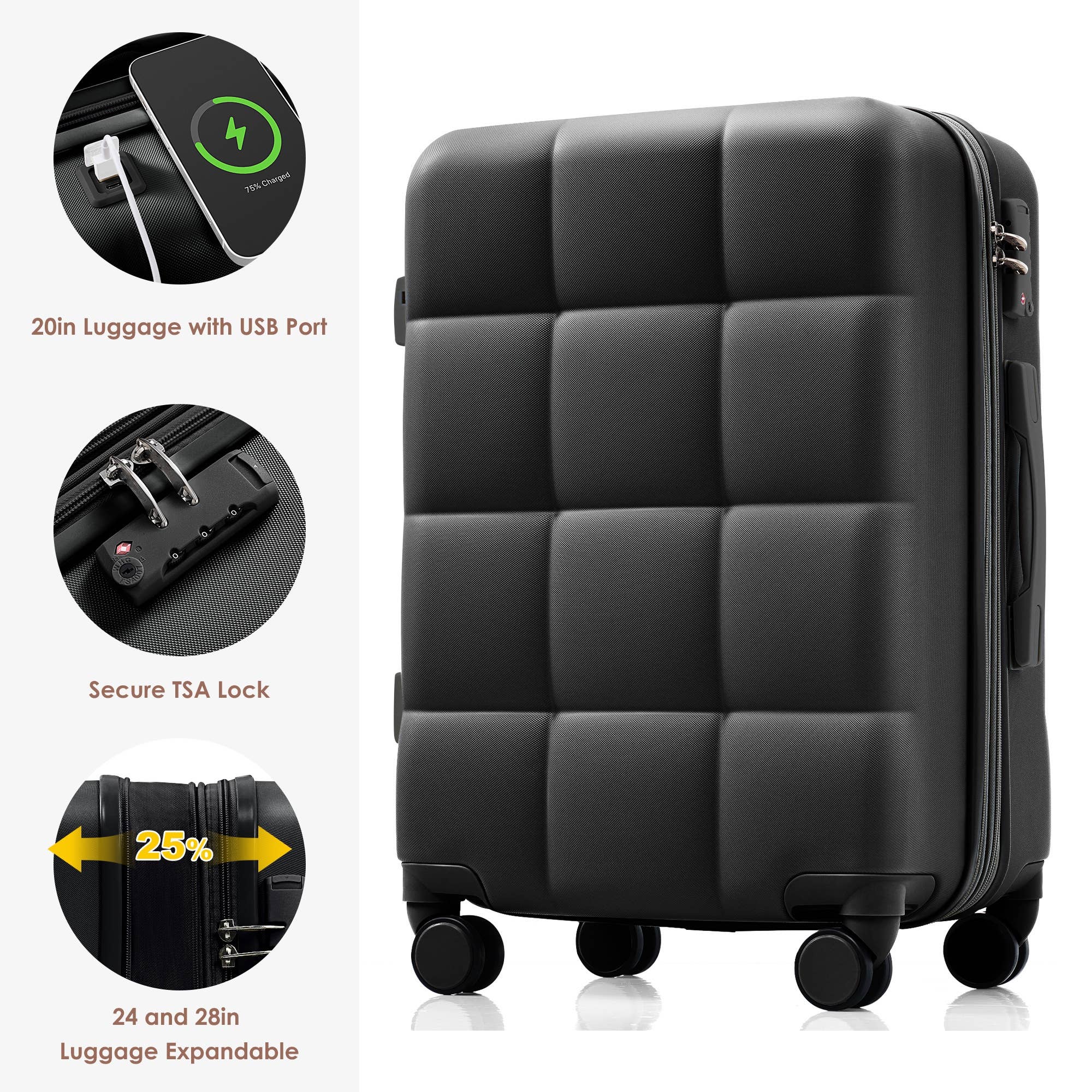 VTNG50 - Wholesale Luggage - Luggage Sets 4 Piece, 20-Inch with USB Port, Expandable ABS28