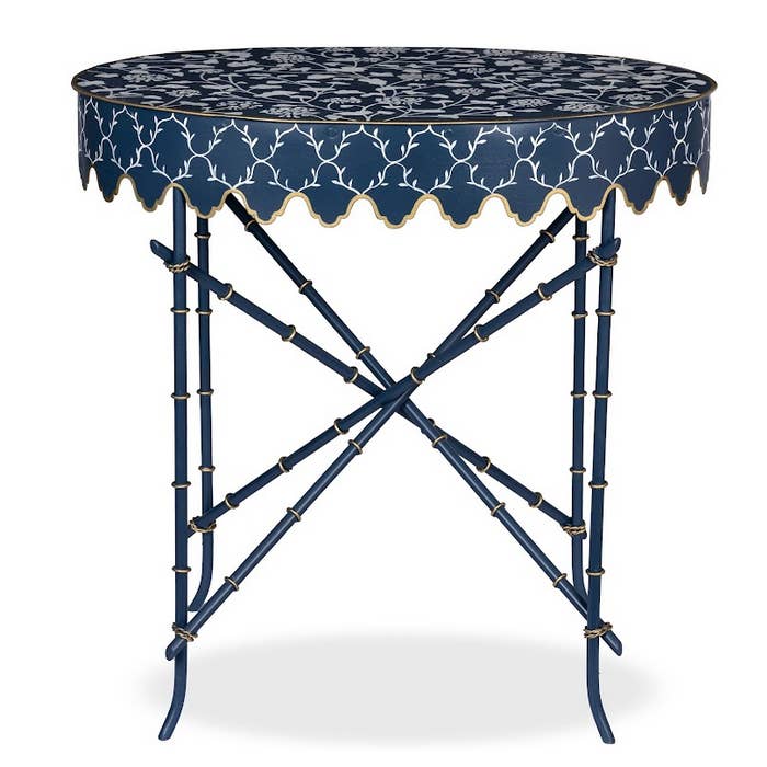 Navy & White Trellis Scalloped Table for wholesale by The Enchanted Home