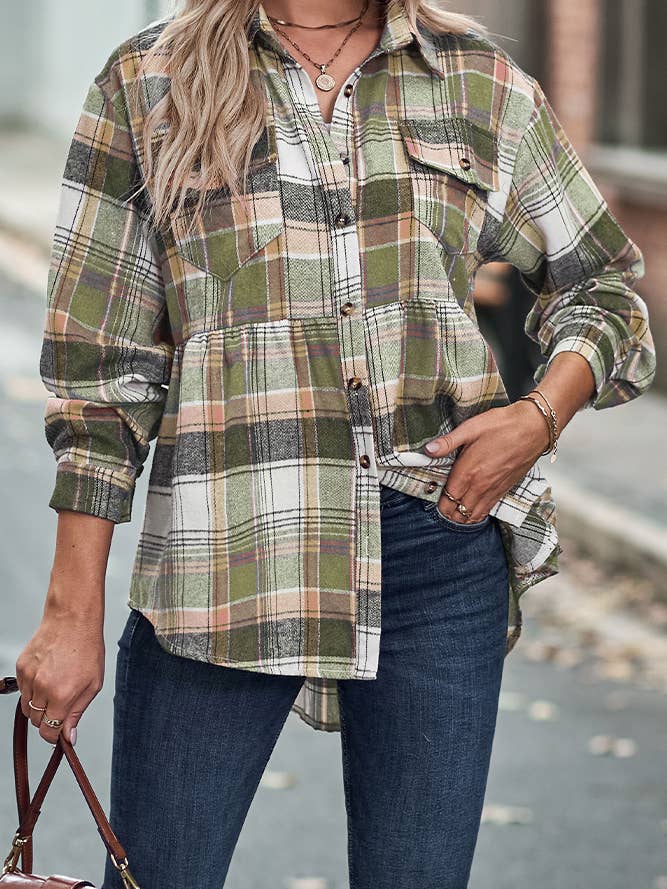 UNISHE - Wholesale Buttoned-down shirt – Women's - Plaid Open Button Flowy Shirts ZZKF0973
