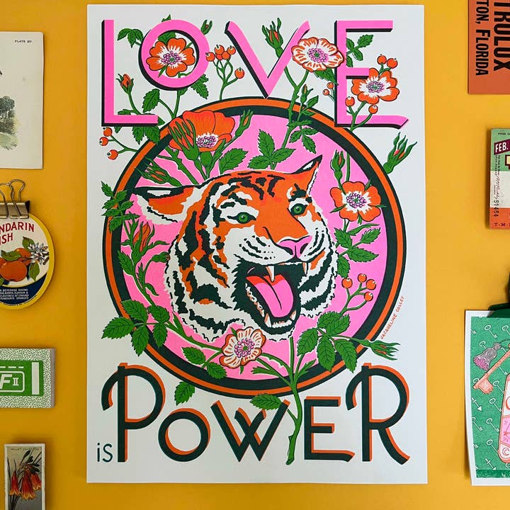 A3 Love is Power, Tiger and rose Risograph Print for wholesale by Jacqueline Colley