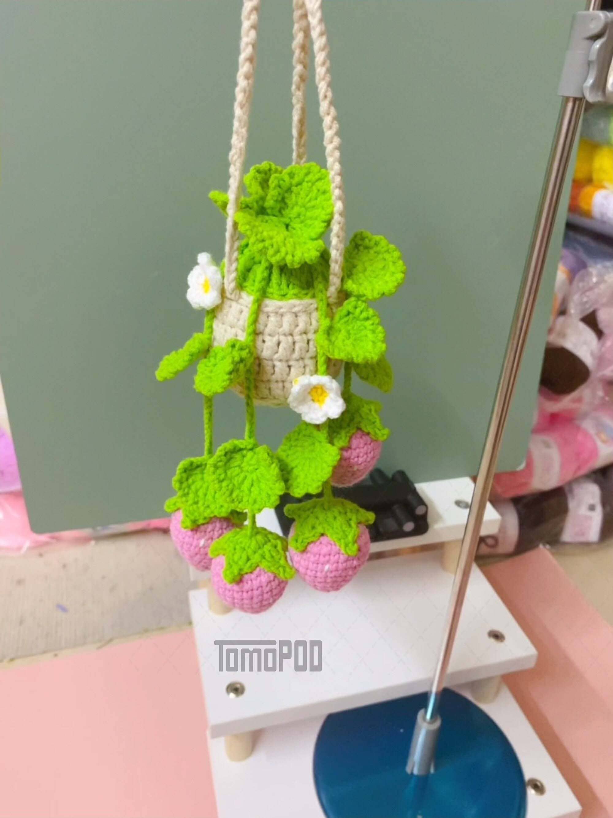 TOMOPOD LLC - Wholesale Car Decorative Charm - Women's - Crochet Pink Strawberry Plant Car Mirror Hanging Accessories1