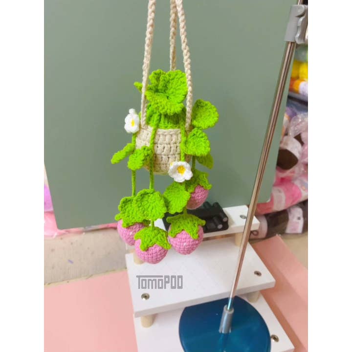 TOMOPOD LLC - Wholesale Car Decorative Charm - Women's - Crochet Pink Strawberry Plant Car Mirror Hanging Accessories1