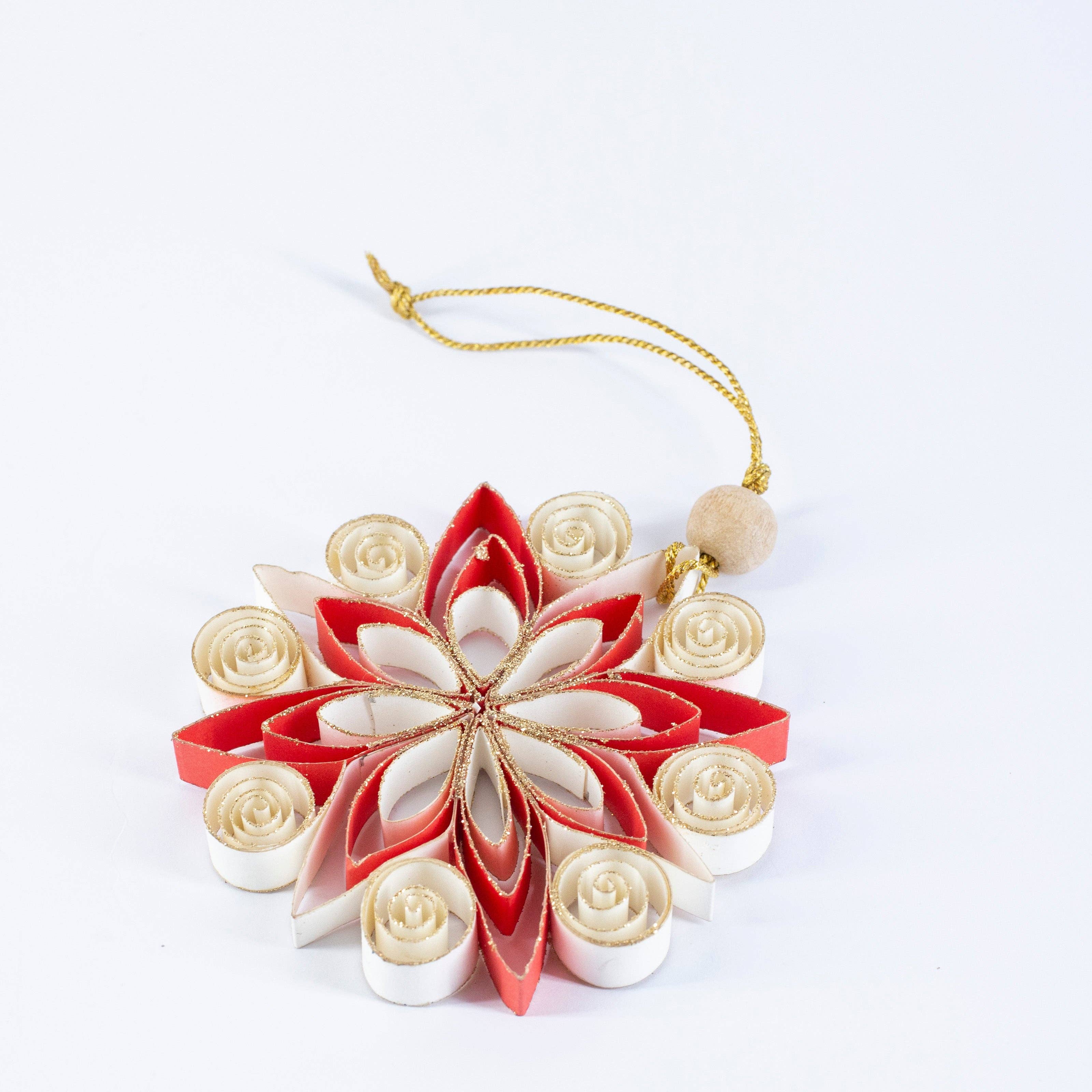 Artschatz LLC - Wholesale Ornament - Quilling Snowflake "Neve" white / red with gold glitter - 4 inch Ø | Christmas / Winter3