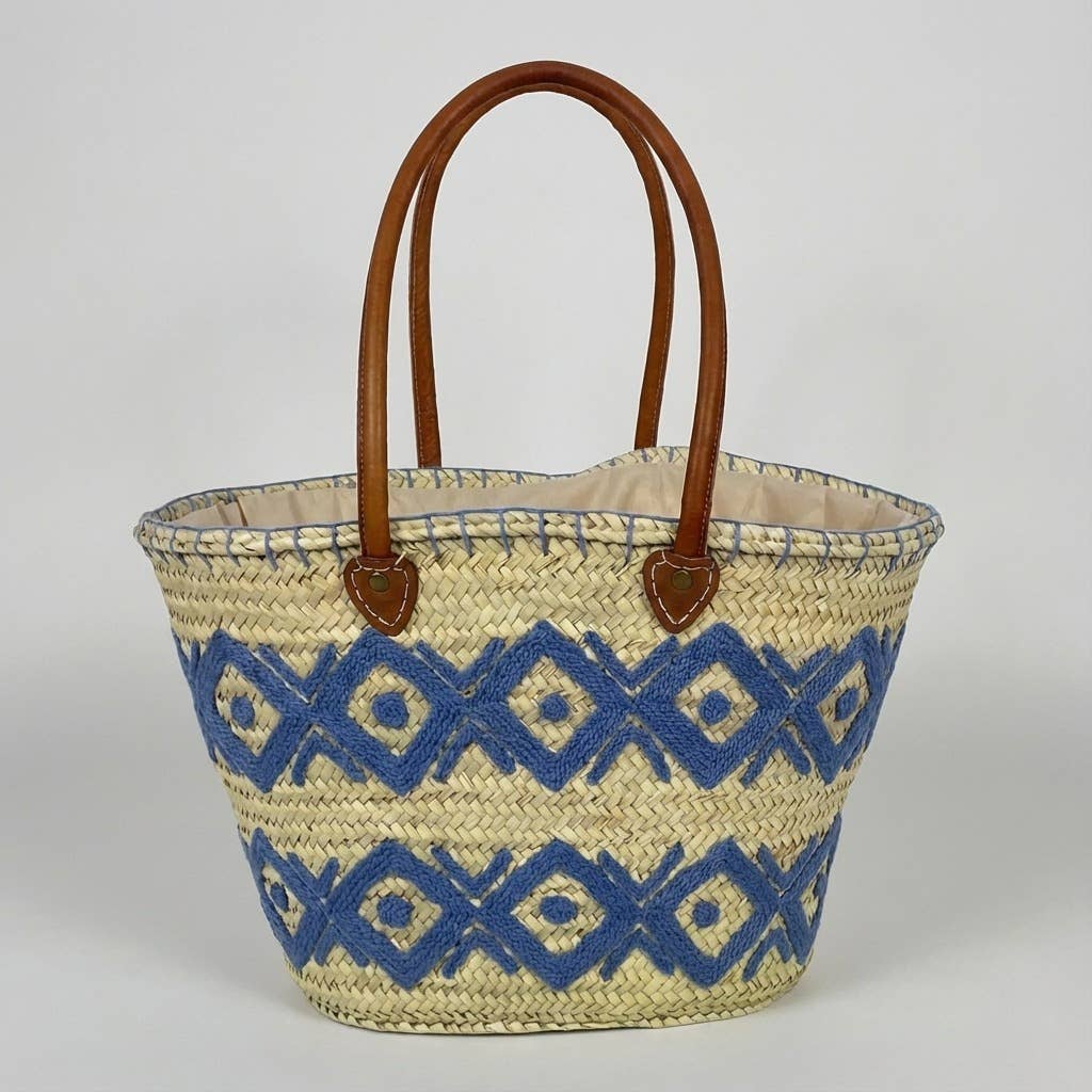 Melecraft - Vente Paniers - Cabas de marché en paille brodé d'arabesques avec poignées en cuir5