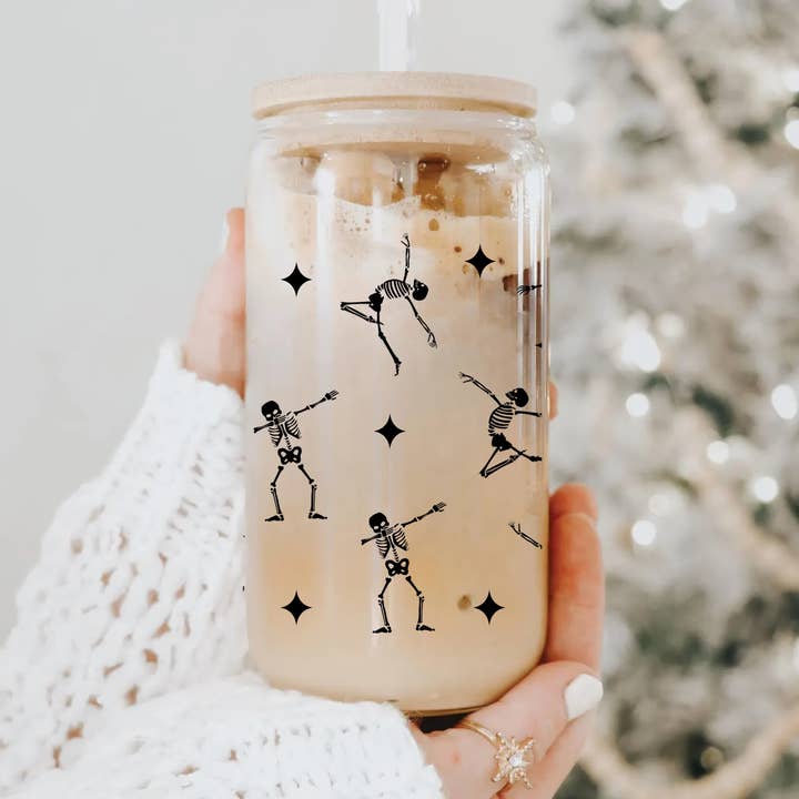 Black Skeletons Dancing Glass Tumbler for wholesale by SimplyAbloom