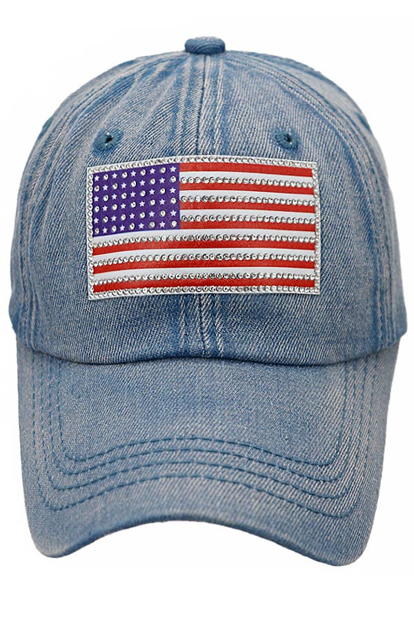 Cap Zone - Wholesale Baseball Cap - Unisex - American Flag Rhinestone Patch Washed Denim Baseball Cap4