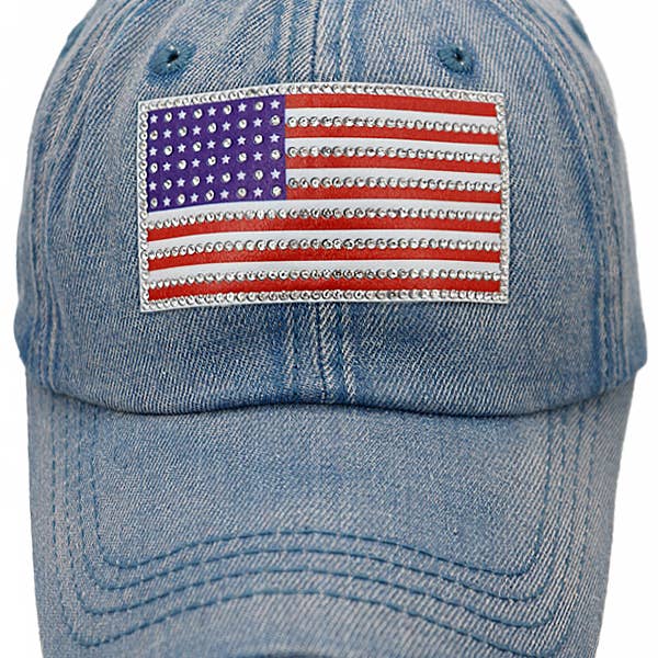 Cap Zone - Wholesale Baseball Cap - Unisex - American Flag Rhinestone Patch Washed Denim Baseball Cap4