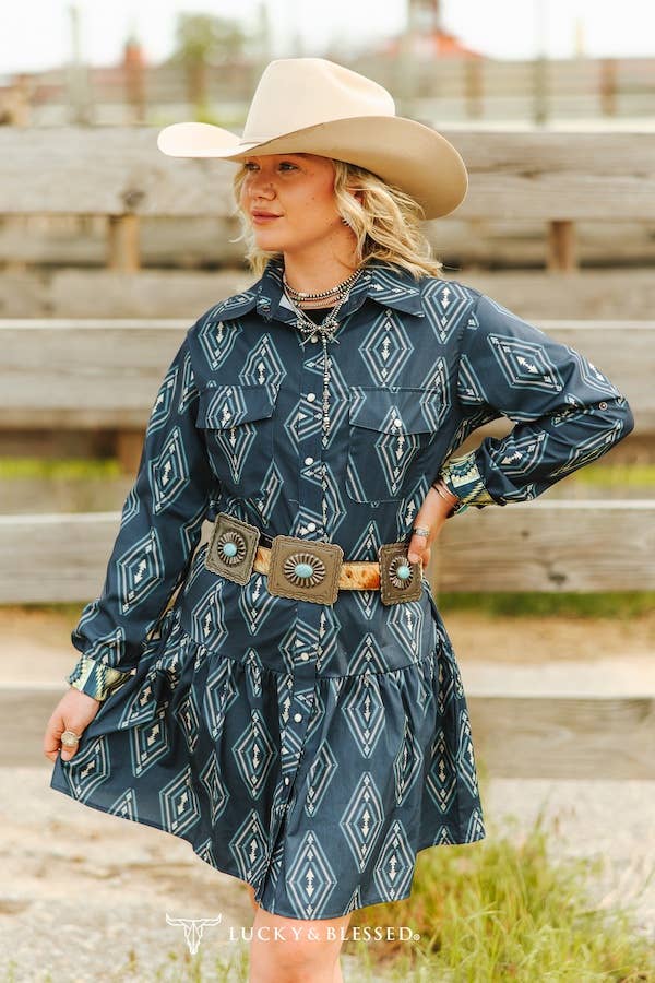 LUCKY & BLESSED - Wholesale Dress - Women's - Plus Size Aztec Printed Button Down Collared Ruffle Dress