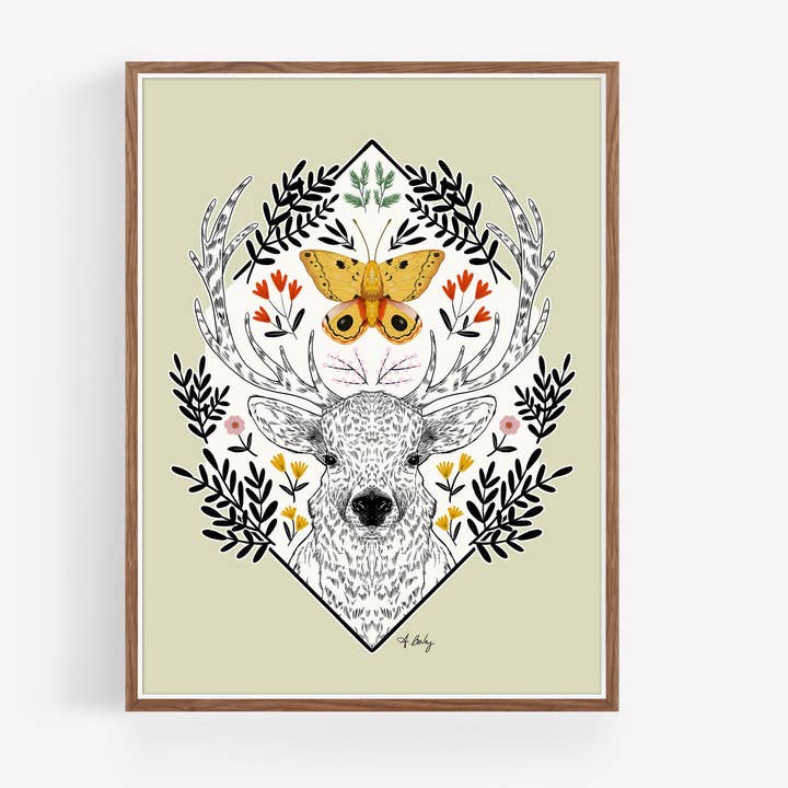 Elk and Io Moth - woodland illustration print for wholesale by Annie Bailey Art