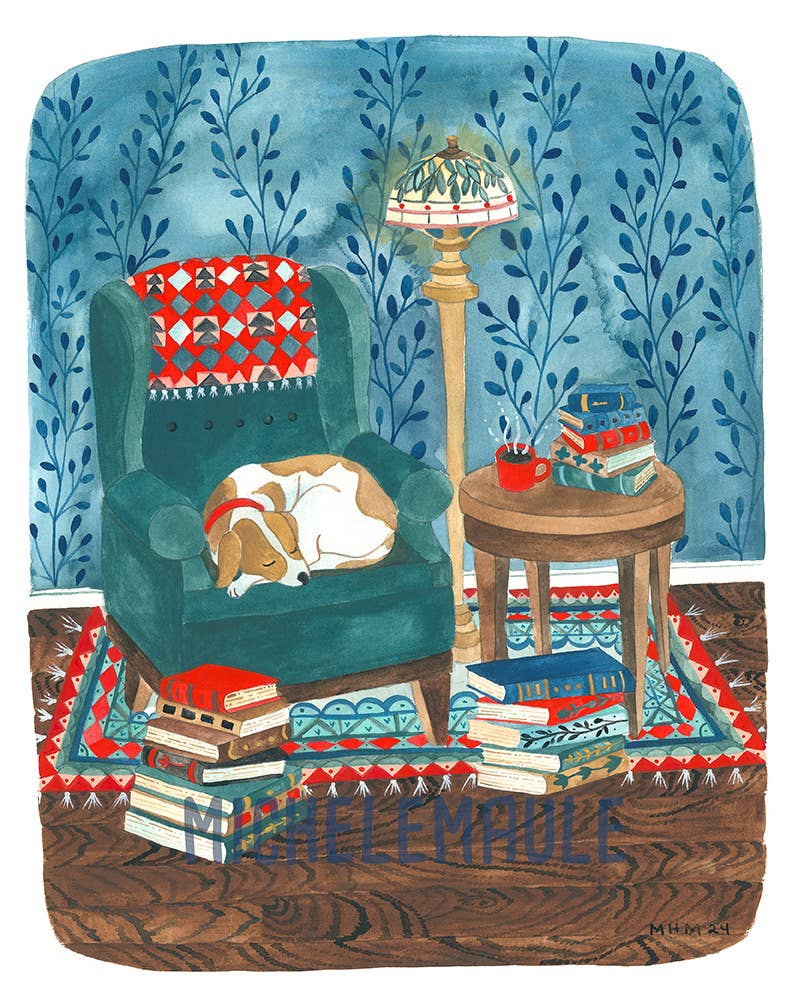 michele maule - Venta al por mayor Ilustración - Impresión de 8 x 10 pulgadas: Cozy Library Dog