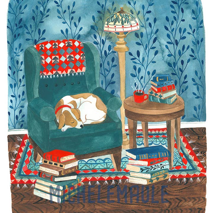 michele maule - Venta al por mayor Ilustración - Impresión de 8 x 10 pulgadas: Cozy Library Dog0