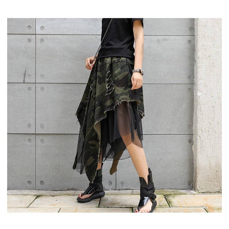 Camouflage Elastic Waist Mesh Patchwork A-Line Skirt for wholesale on Faire6