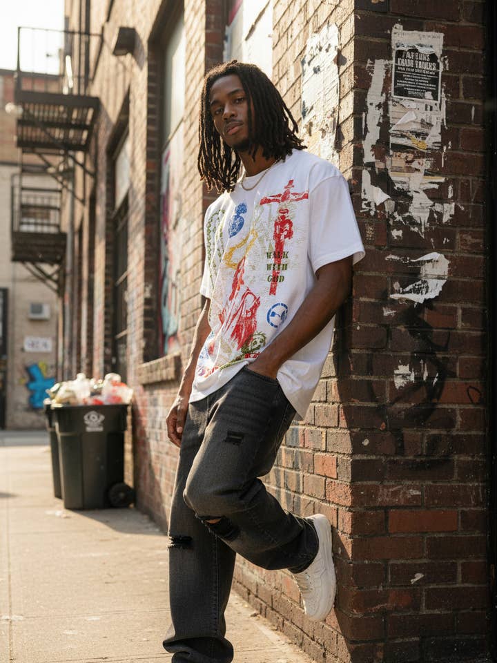 White T-shirt with colorful "Trust God's plan" screen print for wholesale by NOISSEY