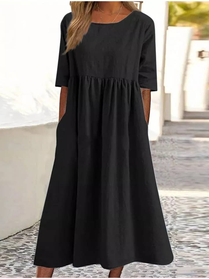 Sweetkama - Wholesale Dress - Women's - Ladies Round Neck Solid Color Daily Midi Dress 2302