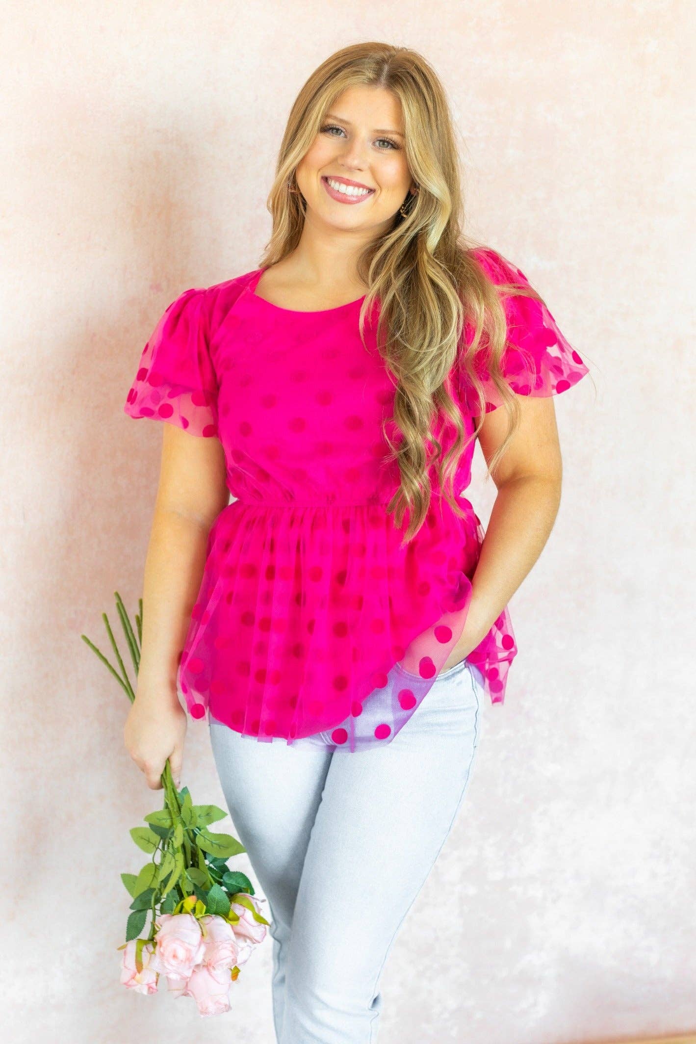 Pink Polka Dot Mesh Peplum Top for wholesale on Faire4