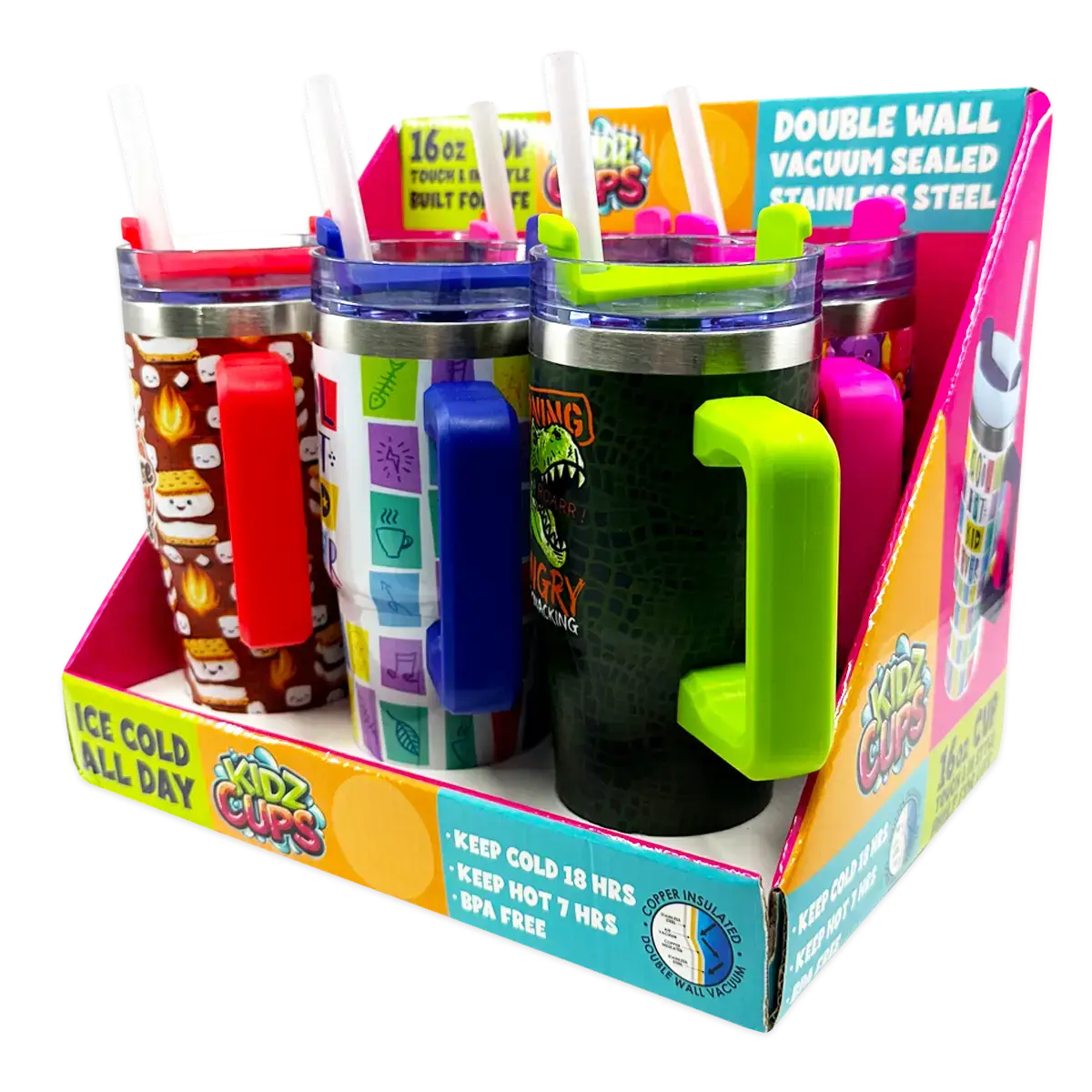 Novelty Brands - Wholesale Insulated Mug/Tumbler - Insulated 16 oz Kids Cup Print Assortment - 6/Display3