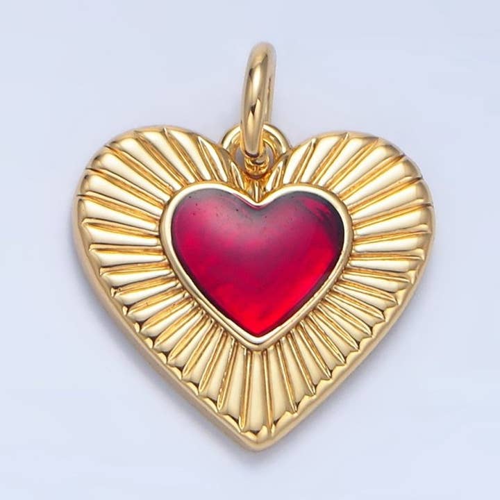 24K Gold Filled Red Enamel Sunburst Heart Charm | X838 for wholesale by Aim Eternal