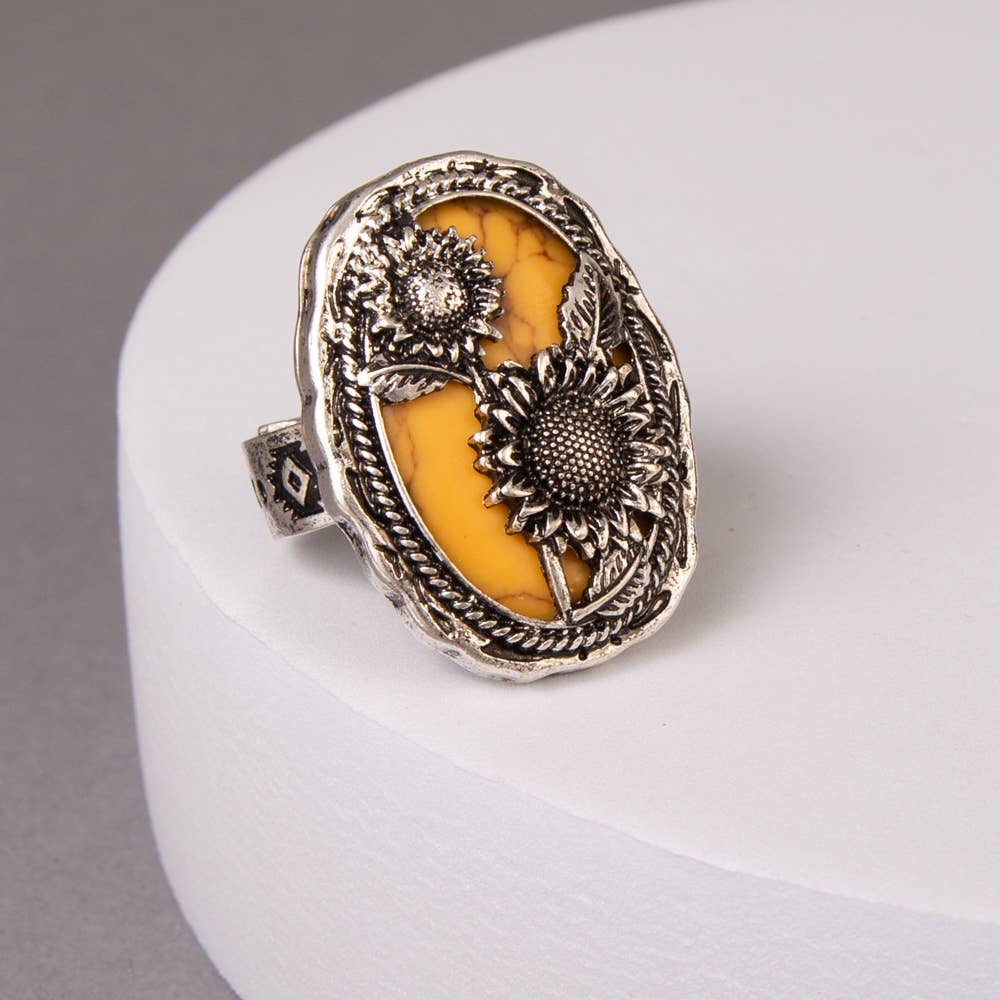 SP Sophia Collection - Wholesale Cocktail/Statement Ring - Western Turquoise Sunflower Oval Stretch Ring1