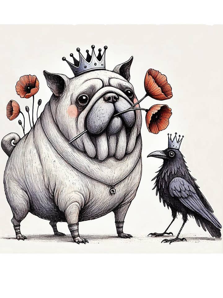 Whimsical Animal Art Print, Pug & Crow illustration, 12x13 for wholesale by Thistle and Tale Press
