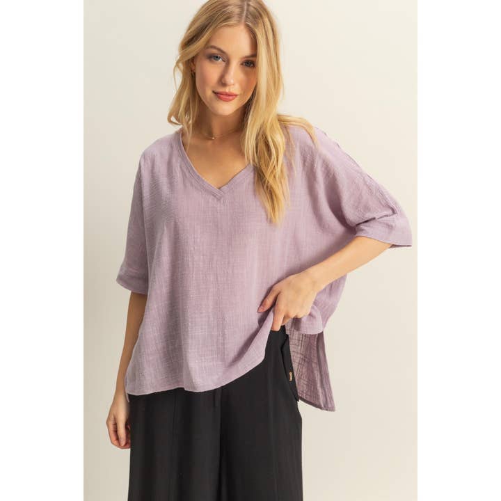 HYFVE - Wholesale Shirt - Women's - HF25E033-V-Neck Oversized Semi-Sheer Cotton Top