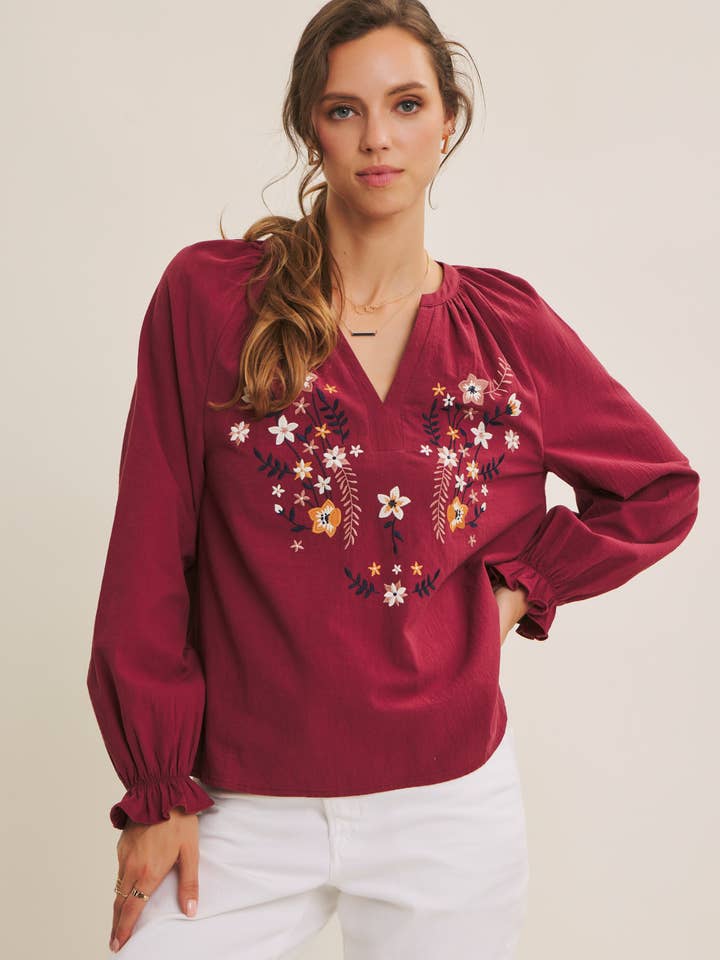 WARMTH OF FALL BOHEMIAN EMBROIDERED FLARE COTTON BLOUSE TOP for wholesale by in february