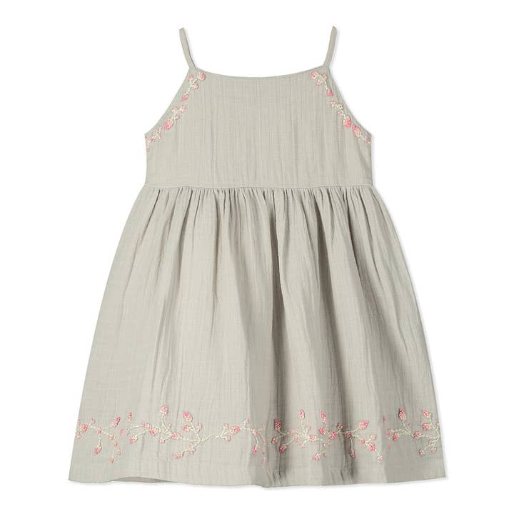 Classic sundress in grey with pink embroidery for wholesale by Poppet & Fox