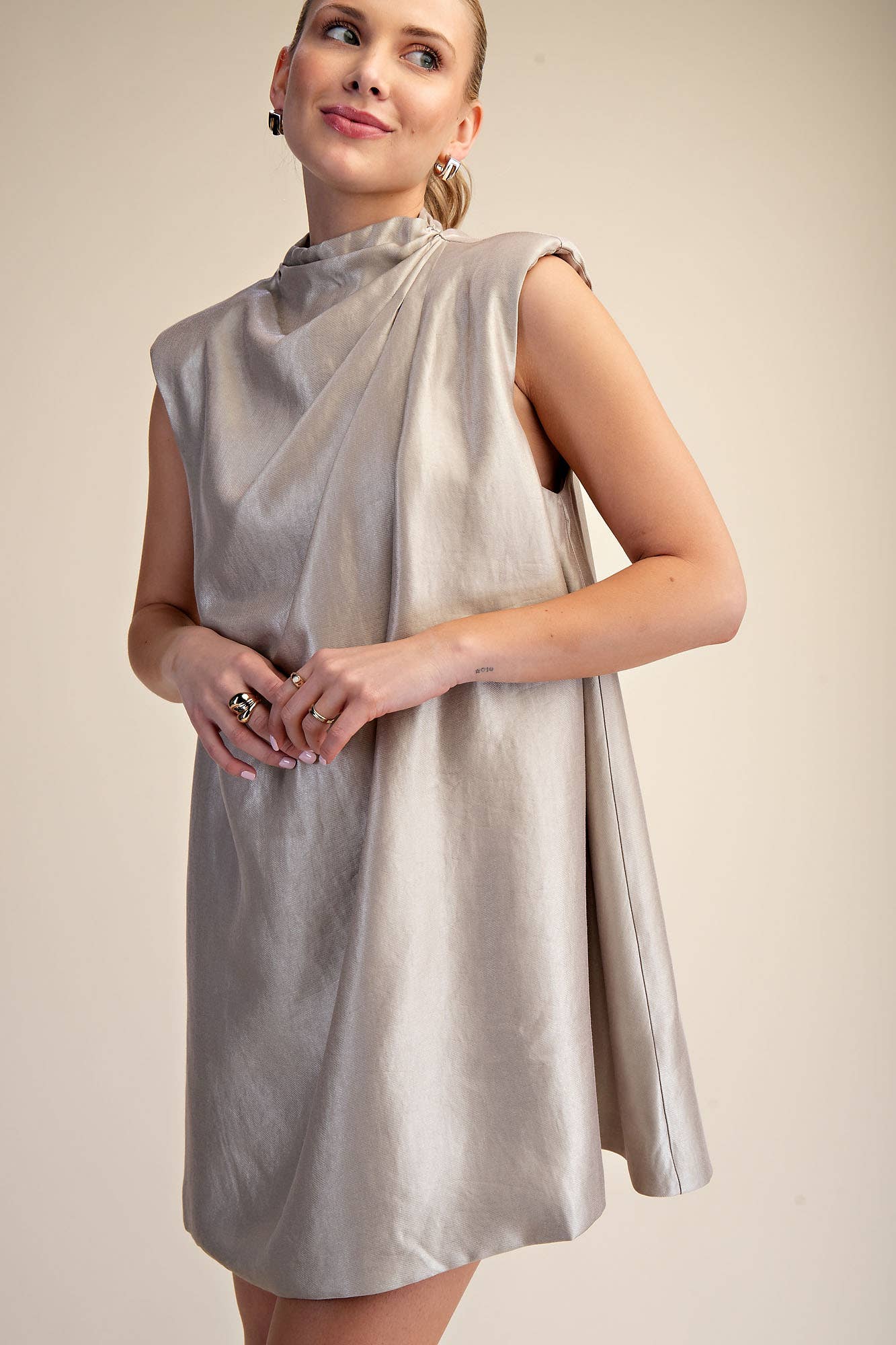 Glam - Wholesale Dress - Women's - Sleeveless Shoulder Pad Gathered Detail Mini Dress0