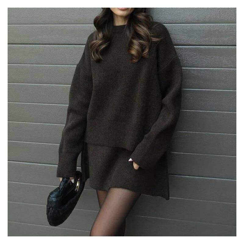 kycozy - Wholesale Top & Skirt Set - Women's - Solid Color Knit Sweater Skirt Set0