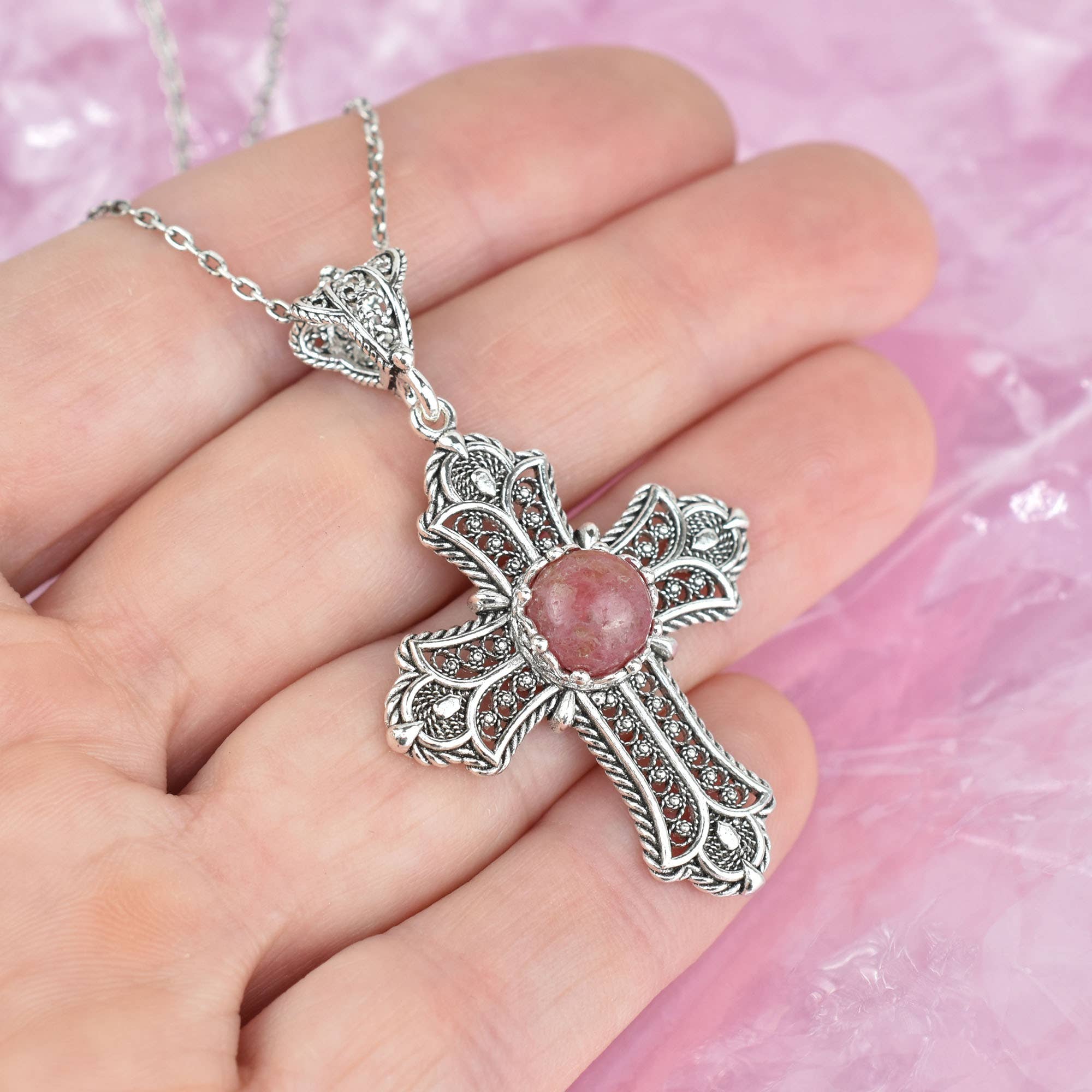 Filigranist Jewelry – wholesale Pendant/charm necklace – Sterling Silver Filigree Art Multi Gemstone Cross Necklace14