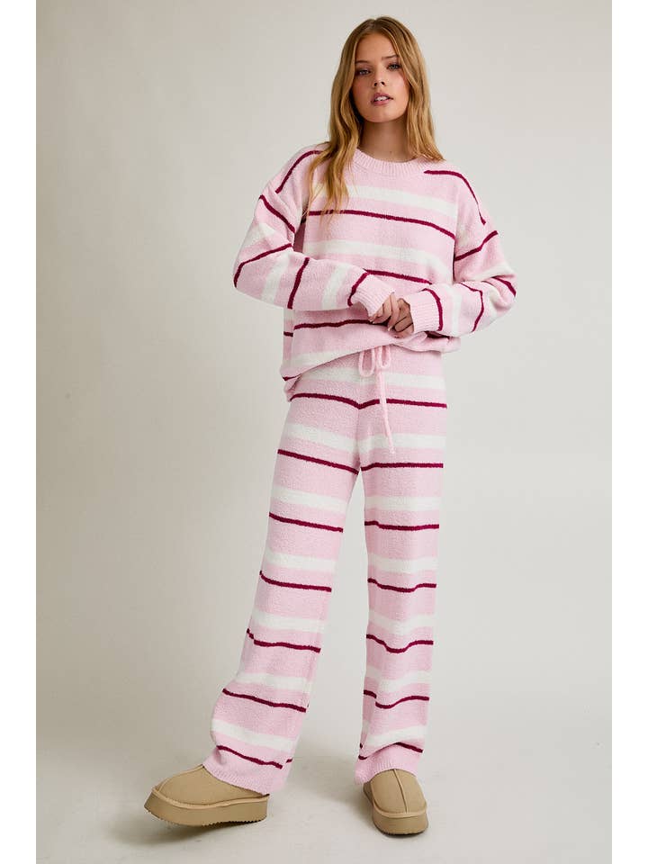 LE LIS - Vente Ensemble de vêtements d'intérieur – femme - Haut en tricot à rayures à manches longues avec pantalon en tricot à jambes larges8