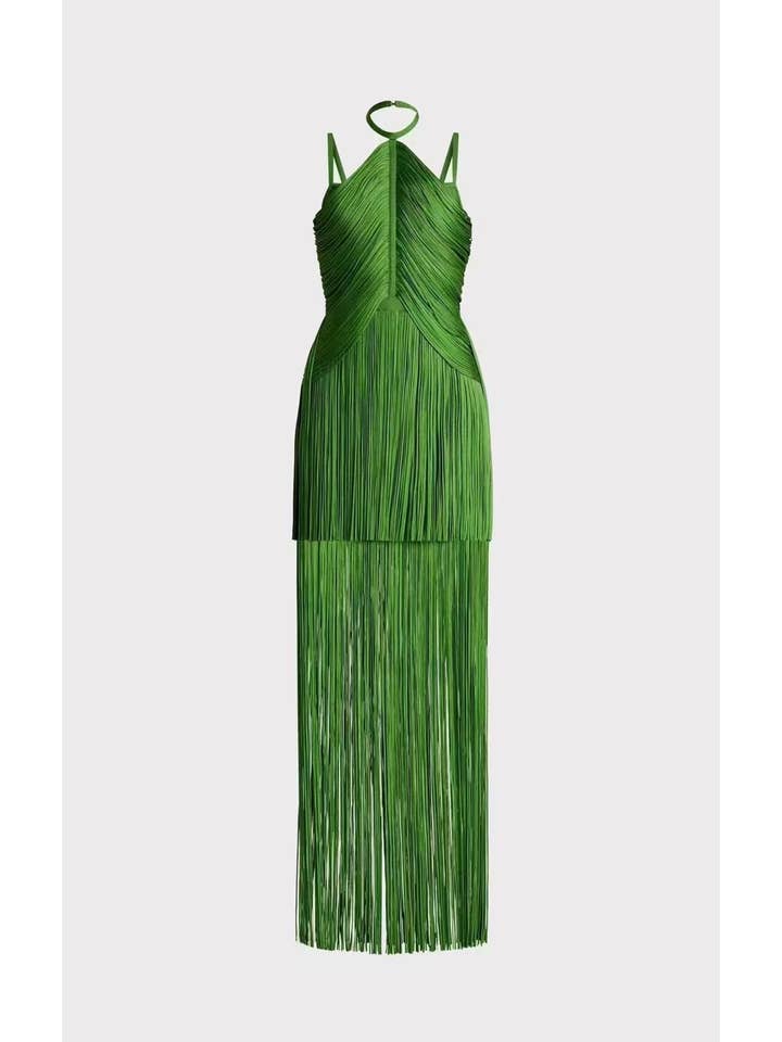 DR0249Y Sultry Green Fringe Halter Maxi Dress for wholesale on Faire4