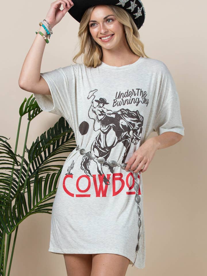 AV1202-MAXINE WESTERN COWBOY GRAPHIC T-SHIRT DRESS for wholesale by Avery