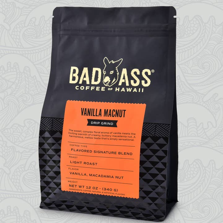 Bad Ass Coffee of Hawaii - Wholesale Ground Coffee - Vanilla Macnut Flavored Coffee | 12oz Bag Drip Grind
