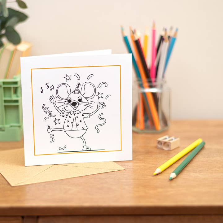 Children's Colouring In Party Mouse - Colouring In Card for wholesale by Sjstationery