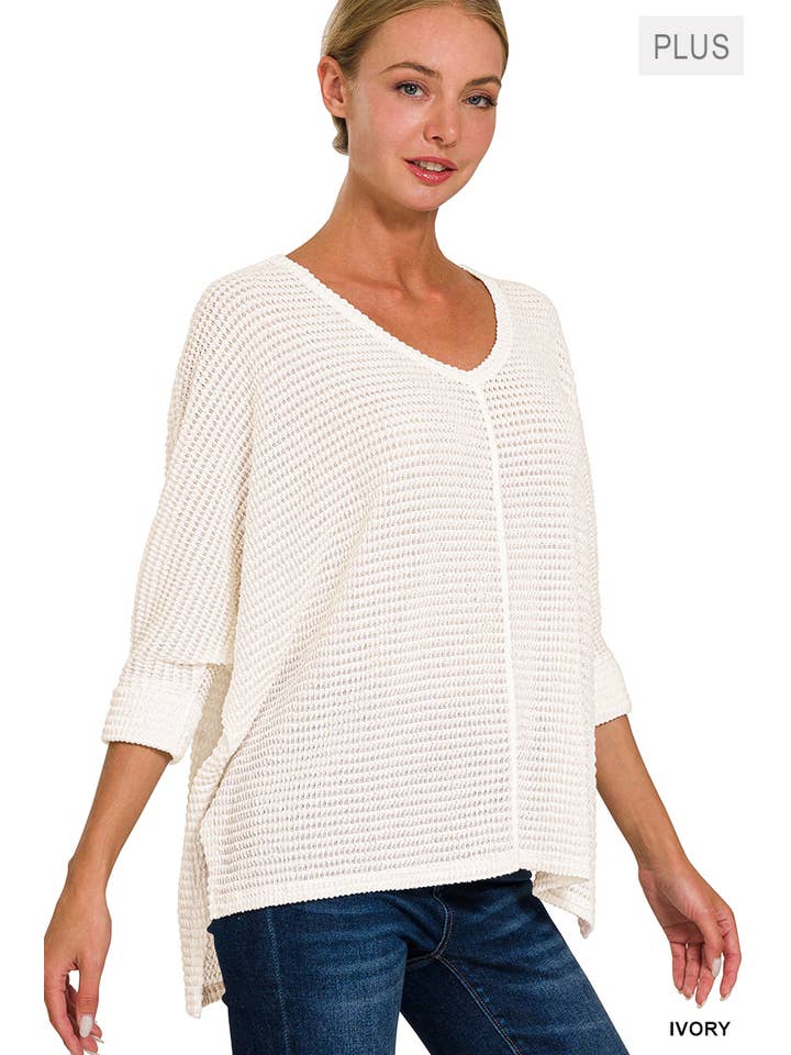 BLACK  ",,..PLUS SIZE 3/4 SLEEVE V-NECK HI-LOW HEM JACQUARD SW for wholesale on Faire16