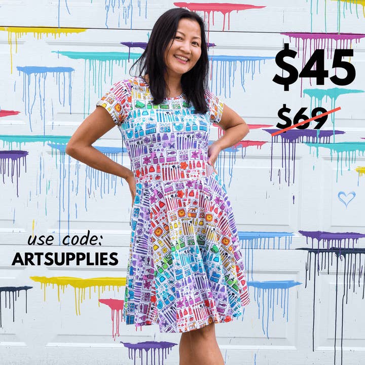 Adult "Smarty Paints" Rainbow Art Supplies Super Twirler Dress with Pockets for wholesale by Princess Awesome