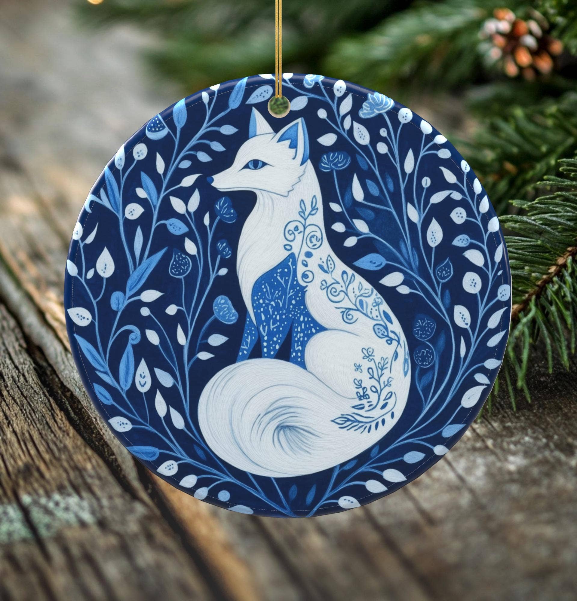 Peeping Tom's Cottage - Wholesale Ornament - Whimsical Fox Porcelain Christmas Ornament - Double-Sided Nature-Inspired Keepsake -- Scandinavian Style