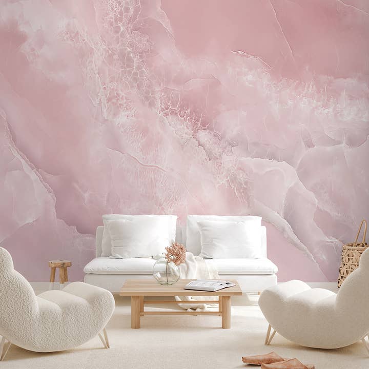 Pink Marble Peel and Stick Wallpaper, Abstract Stone Mural for wholesale by SimurgWallArts
