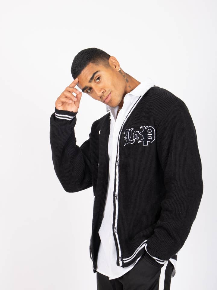LNP BLACK VARSITY KNIT CARDIGAN for wholesale by LIQUOR N POKER