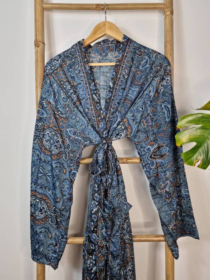 Men's Silk Kimonos In Steel Grey Blue Persian style for wholesale by Essential Designs London